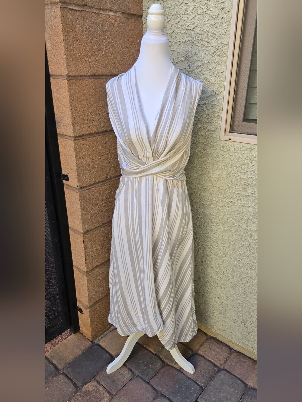 Mango Striped Wrap Midi Dress in Ivory and Taupe